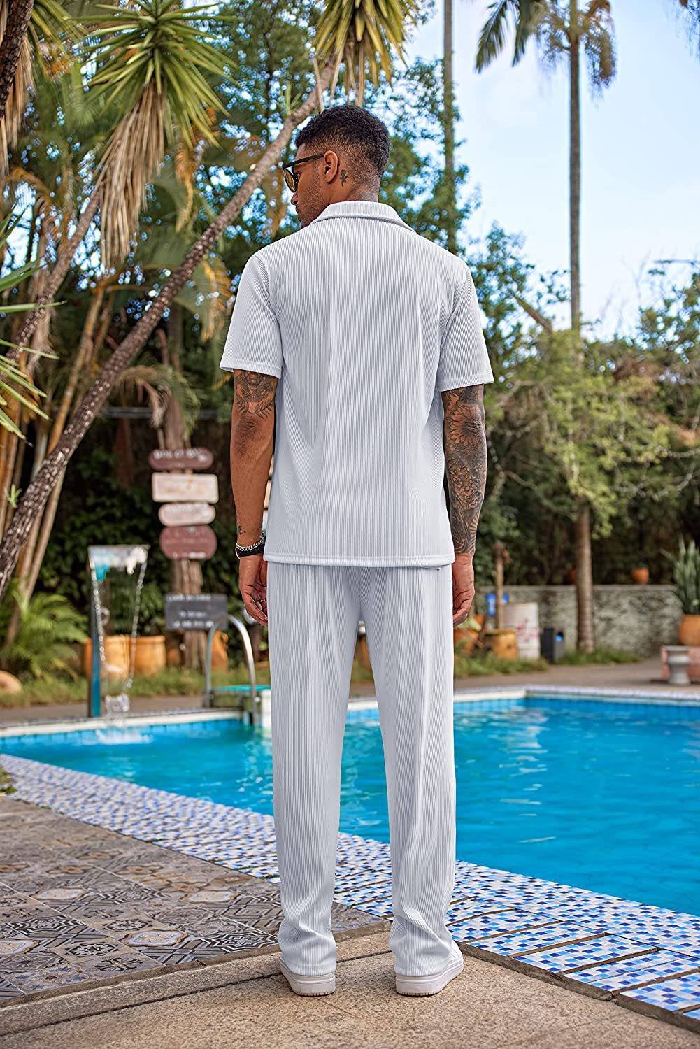 New York Fashion Week Men's 2 Piece Outfit Casual Short Sleeve Button Down Shirt Beach Summer Loose Pant Sets