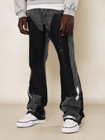 Men's Graffiti Denim Jeans - Retro Hip Hop Patchwork Splash Ink Wide Leg Pantsa
