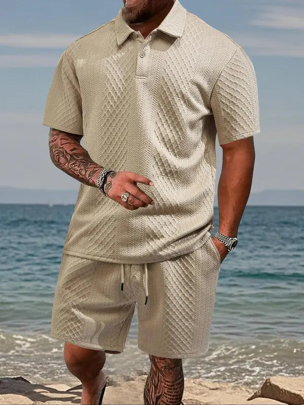 Men's Solid Shortsleeve Polo Shirt & Drawstring Waist Shorts Set
