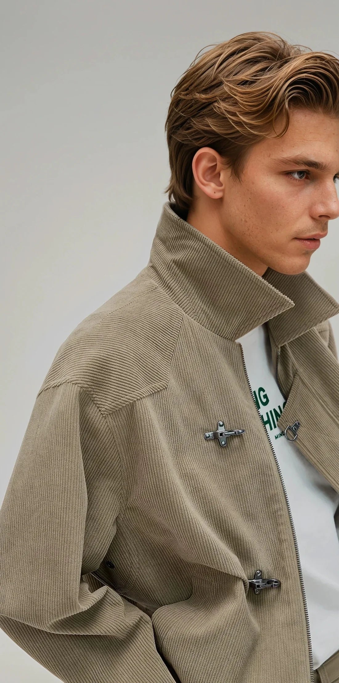 Fireman Clasp-Buckle Corduroy Collared Jacket