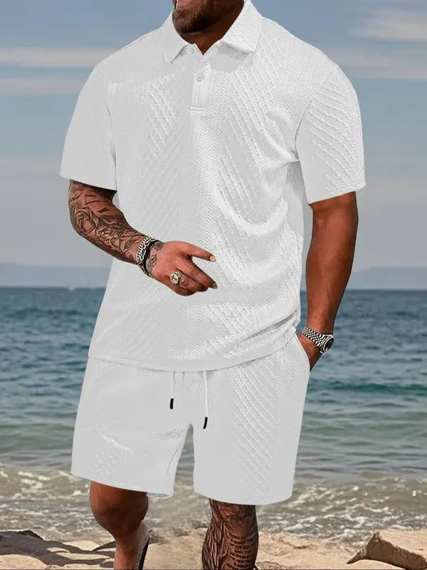 Men's Solid Shortsleeve Polo Shirt & Drawstring Waist Shorts Set
