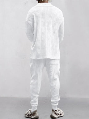 Men's Solid Jacquard Drop Shoulder V Neck Top & Drawstring Waist Pants Set