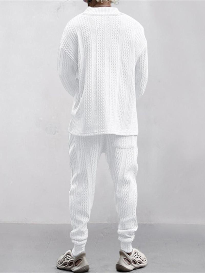 Men's Solid Jacquard Drop Shoulder V Neck Top & Drawstring Waist Pants Set