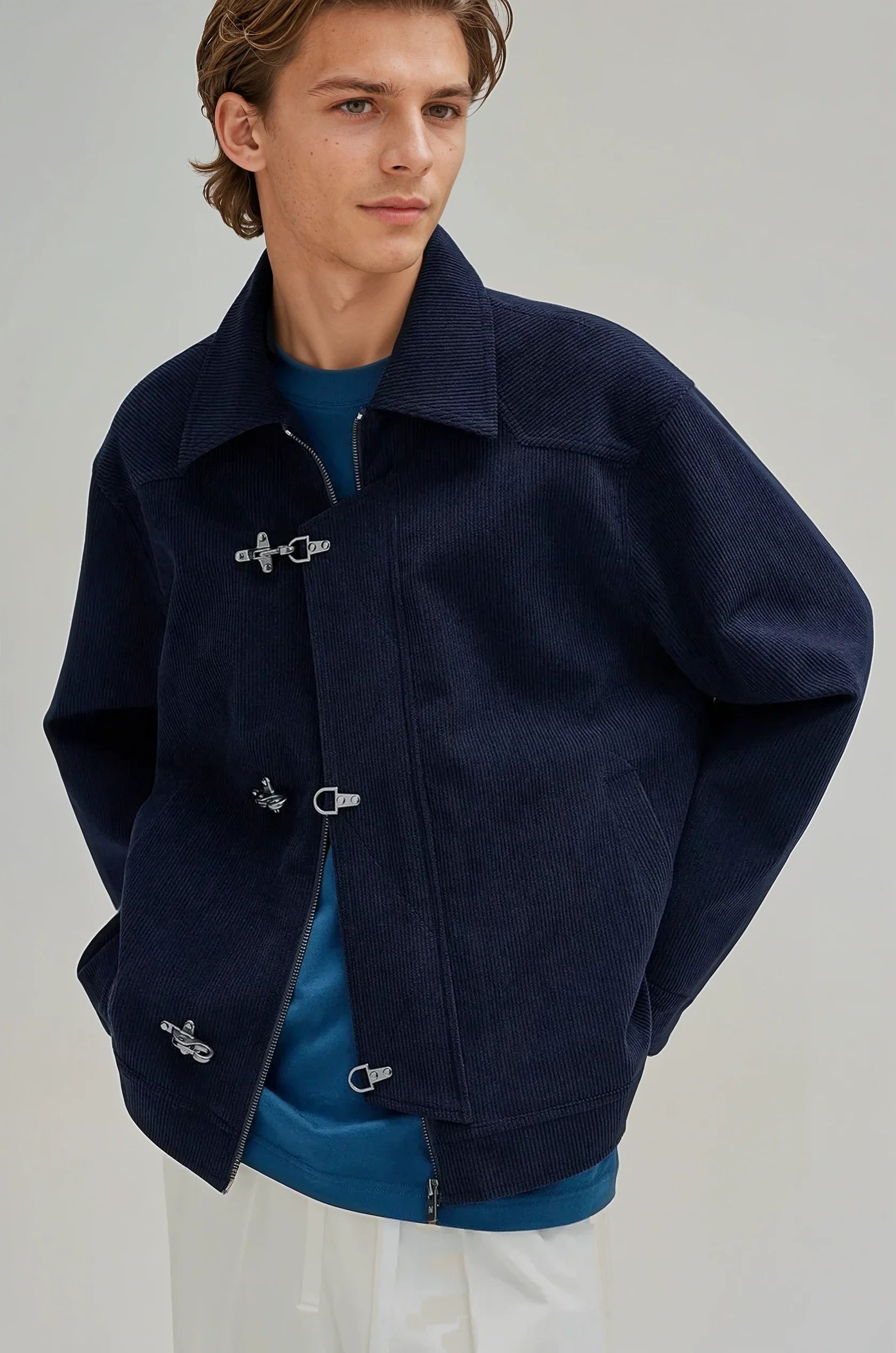 Fireman Clasp-Buckle Corduroy Collared Jacket