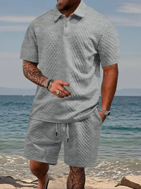 Men's Solid Shortsleeve Polo Shirt & Drawstring Waist Shorts Set