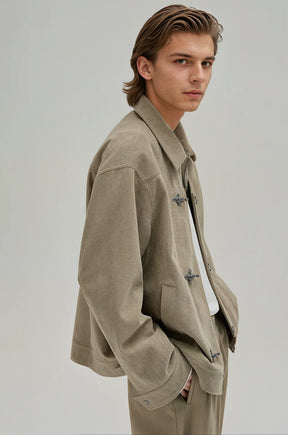Fireman Clasp-Buckle Corduroy Collared Jacket