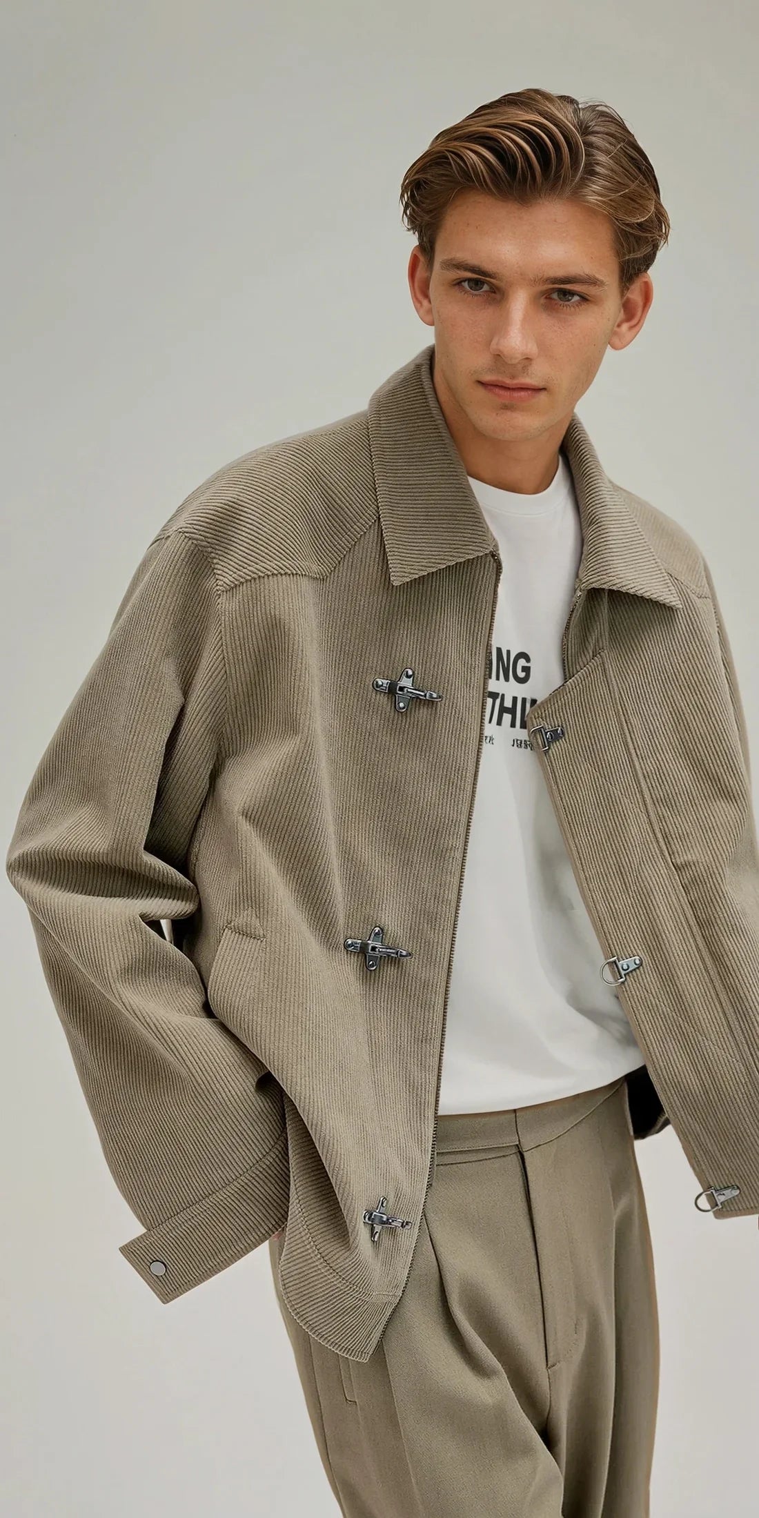 Fireman Clasp-Buckle Corduroy Collared Jacket