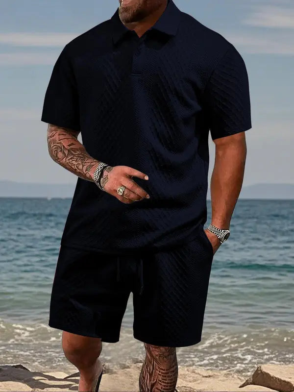 Men's Solid Shortsleeve Polo Shirt & Drawstring Waist Shorts Set