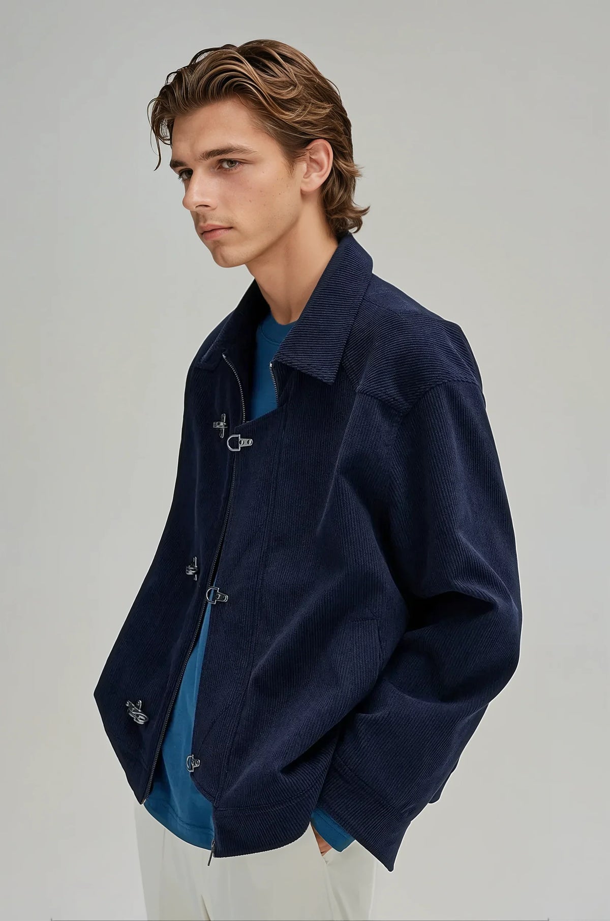 Fireman Clasp-Buckle Corduroy Collared Jacket