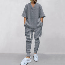 Men's Solid Jacquard Drop Shoulder V Neck Top & Drawstring Waist Pants Set