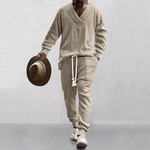 Men's Solid Jacquard Drop Shoulder V Neck Top & Drawstring Waist Pants Set