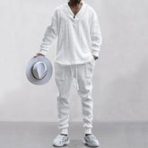 Men's Solid Jacquard Drop Shoulder V Neck Top & Drawstring Waist Pants Set