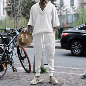 Men's Solid Jacquard Drop Shoulder V Neck Top & Drawstring Waist Pants Set