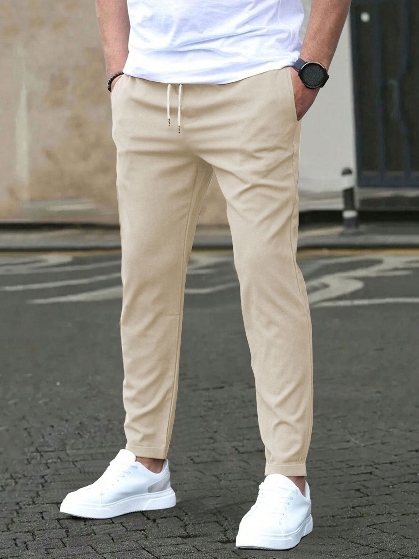 Solid color slim-fit casual pants