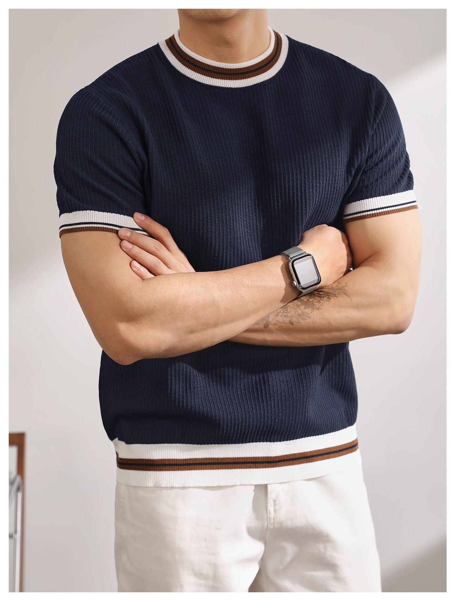 Knitted color block short-sleeve shirt