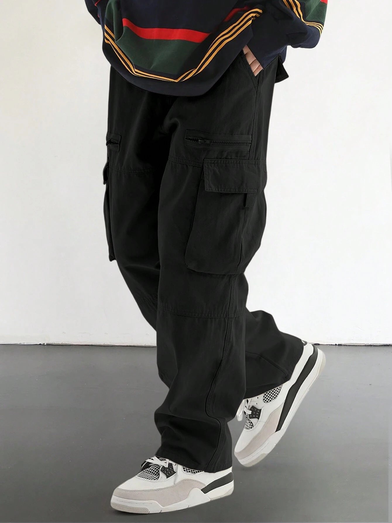 Men's Loose Solid Pocket Drawstring Waist Cargo Pants, Casual Comfy Zipper Pants for Daily Wear