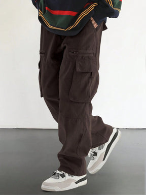 Men's Loose Solid Pocket Drawstring Waist Cargo Pants, Casual Comfy Zipper Pants for Daily Wear