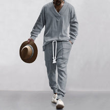 Men's Solid Jacquard Drop Shoulder V Neck Top & Drawstring Waist Pants Set