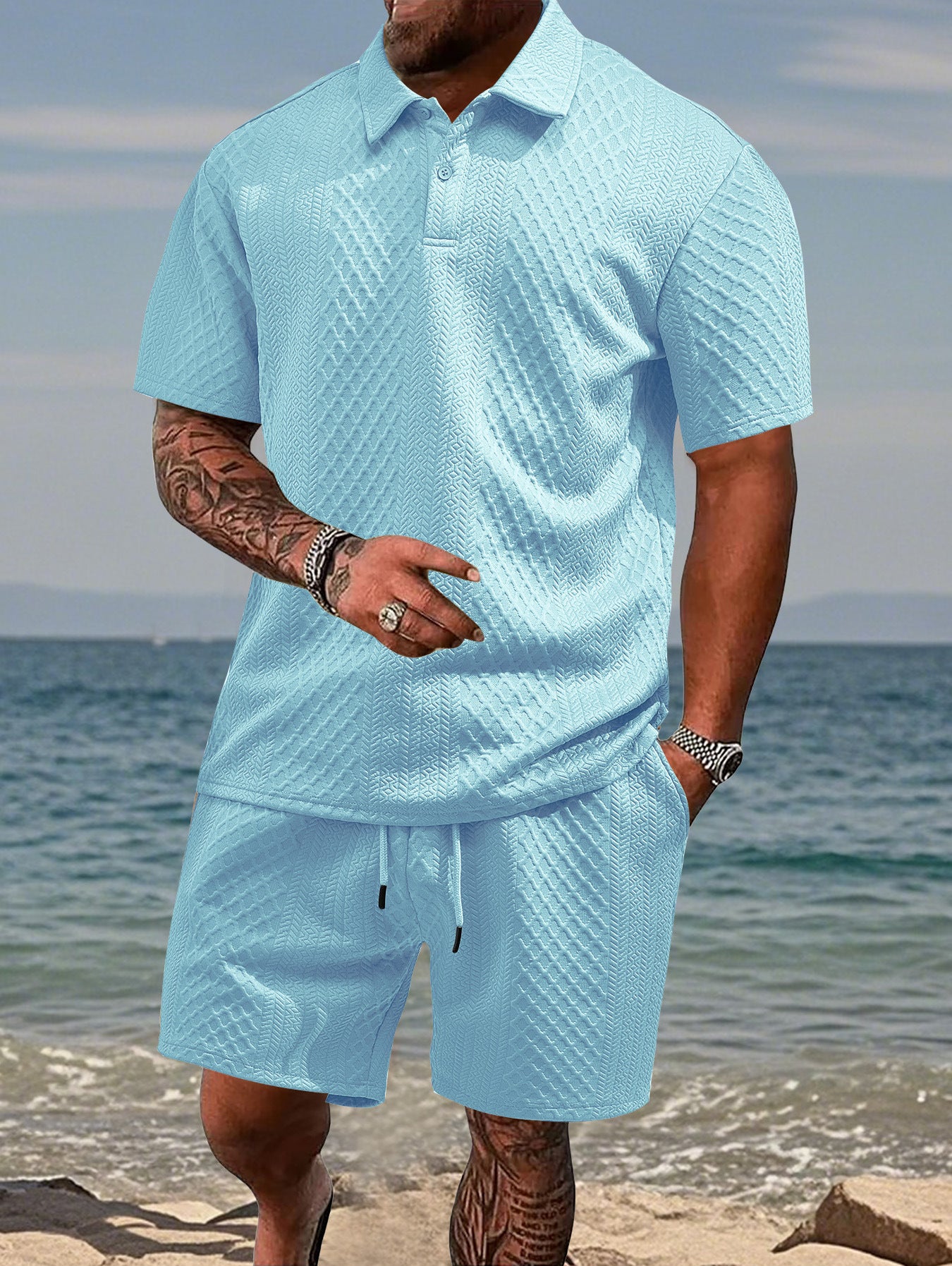 Men's Solid Shortsleeve Polo Shirt & Drawstring Waist Shorts Set