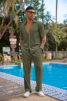 New York Fashion Week Men's 2 Piece Outfit Casual Short Sleeve Button Down Shirt Beach Summer Loose Pant Sets