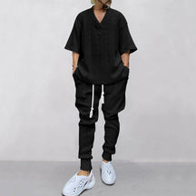 Men's Solid Jacquard Drop Shoulder V Neck Top & Drawstring Waist Pants Set