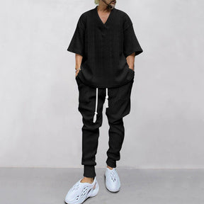 Men's Solid Jacquard Drop Shoulder V Neck Top & Drawstring Waist Pants Set