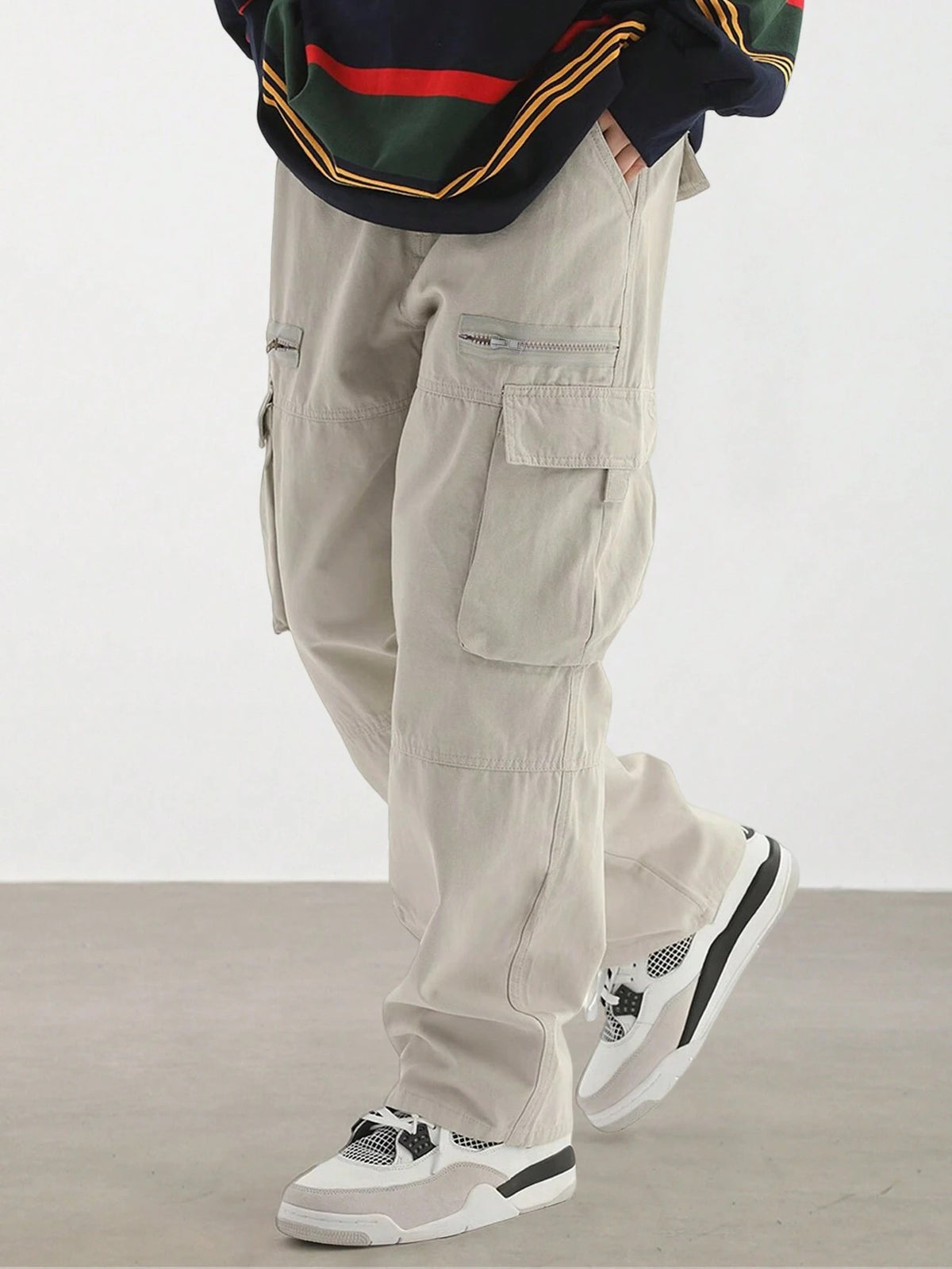 Men's Loose Solid Pocket Drawstring Waist Cargo Pants, Casual Comfy Zipper Pants for Daily Wear
