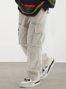 Men's Loose Solid Pocket Drawstring Waist Cargo Pants, Casual Comfy Zipper Pants for Daily Wear