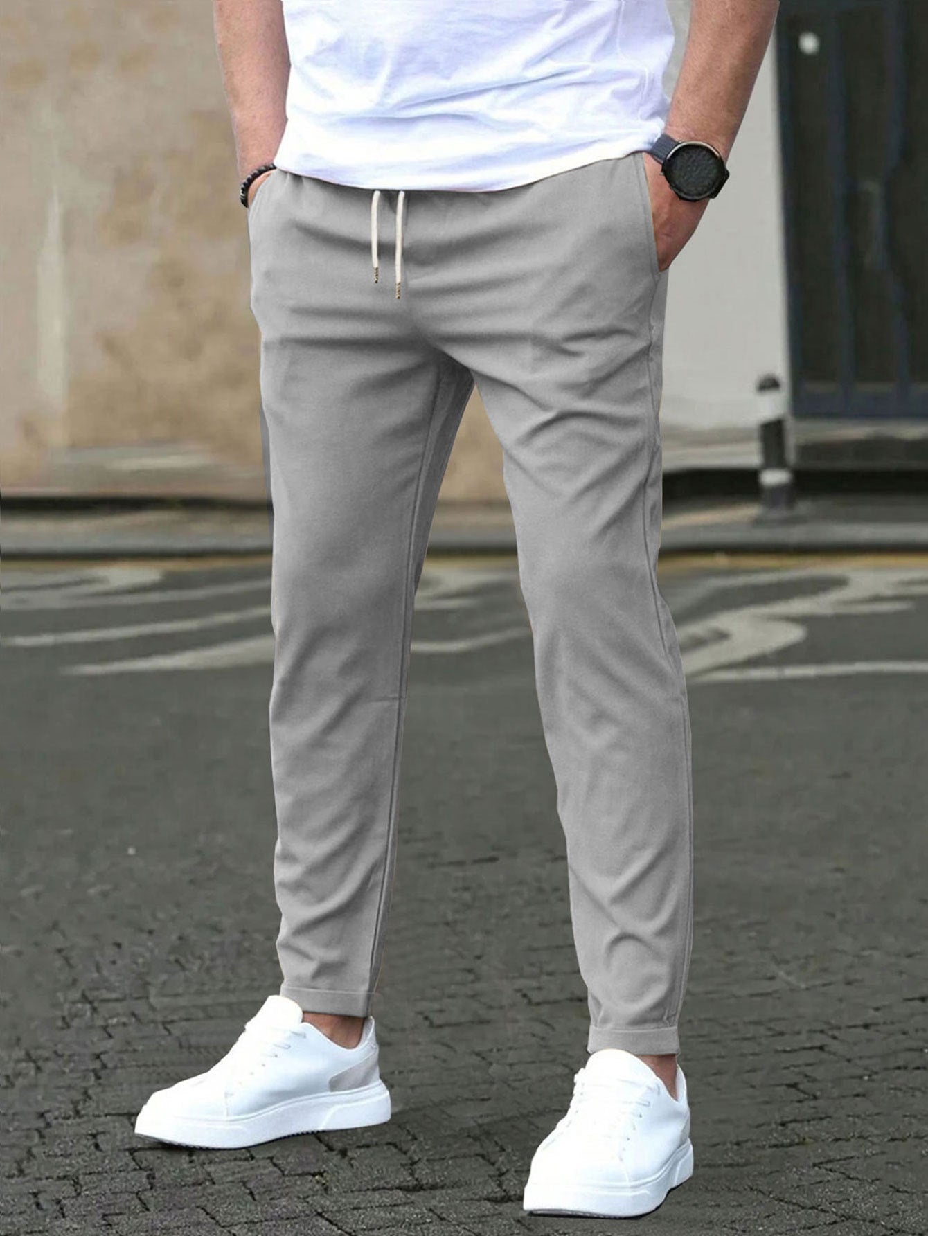 Solid color slim-fit casual pants