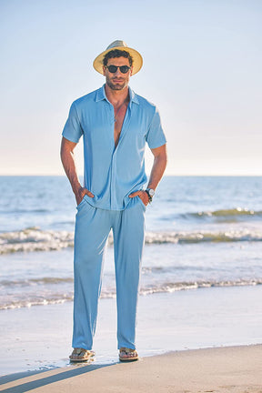 New York Fashion Week Men's 2 Piece Outfit Casual Short Sleeve Button Down Shirt Beach Summer Loose Pant Sets