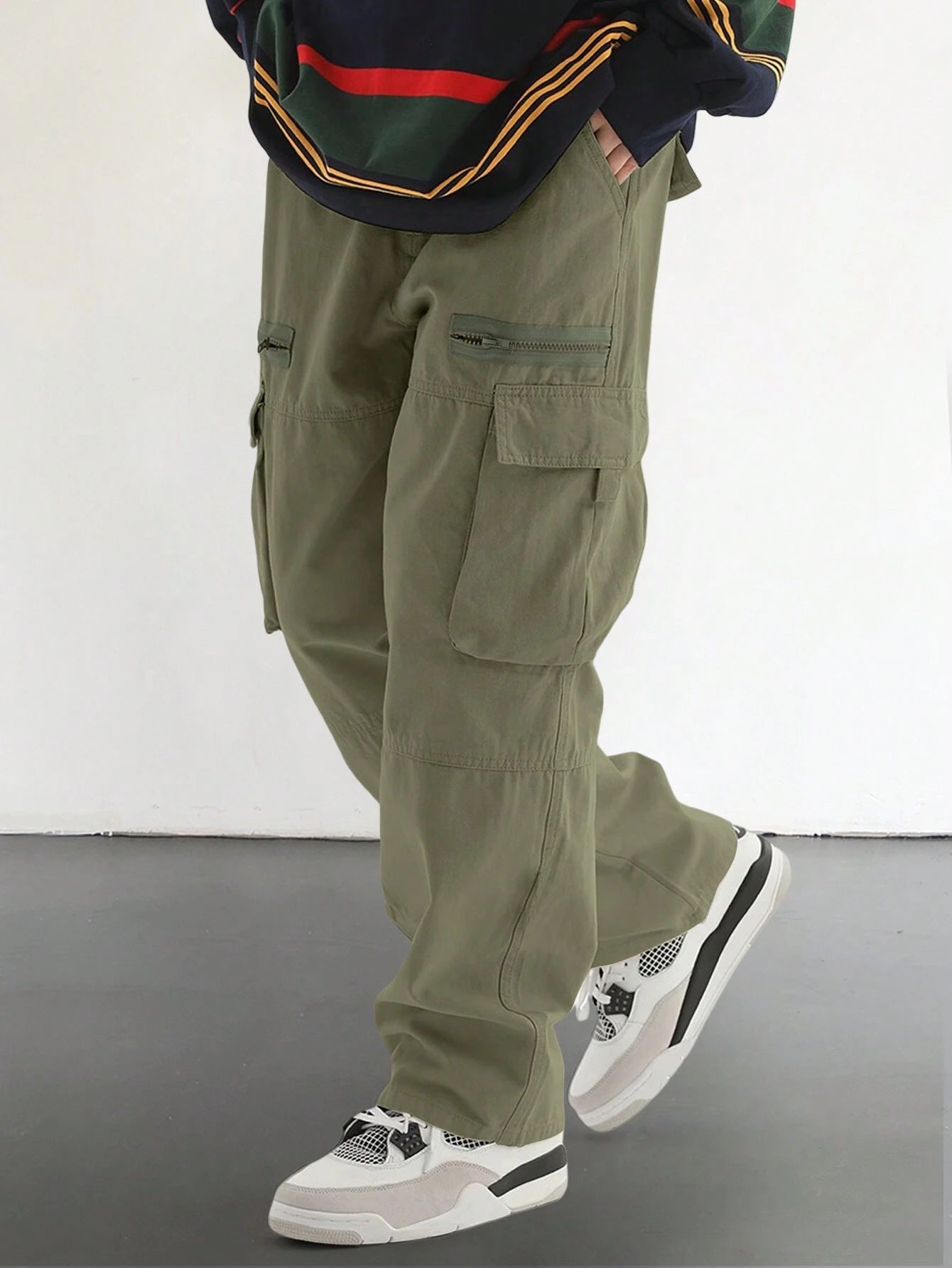 Men's Loose Solid Pocket Drawstring Waist Cargo Pants, Casual Comfy Zipper Pants for Daily Wear