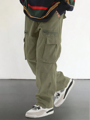 Men's Loose Solid Pocket Drawstring Waist Cargo Pants, Casual Comfy Zipper Pants for Daily Wear