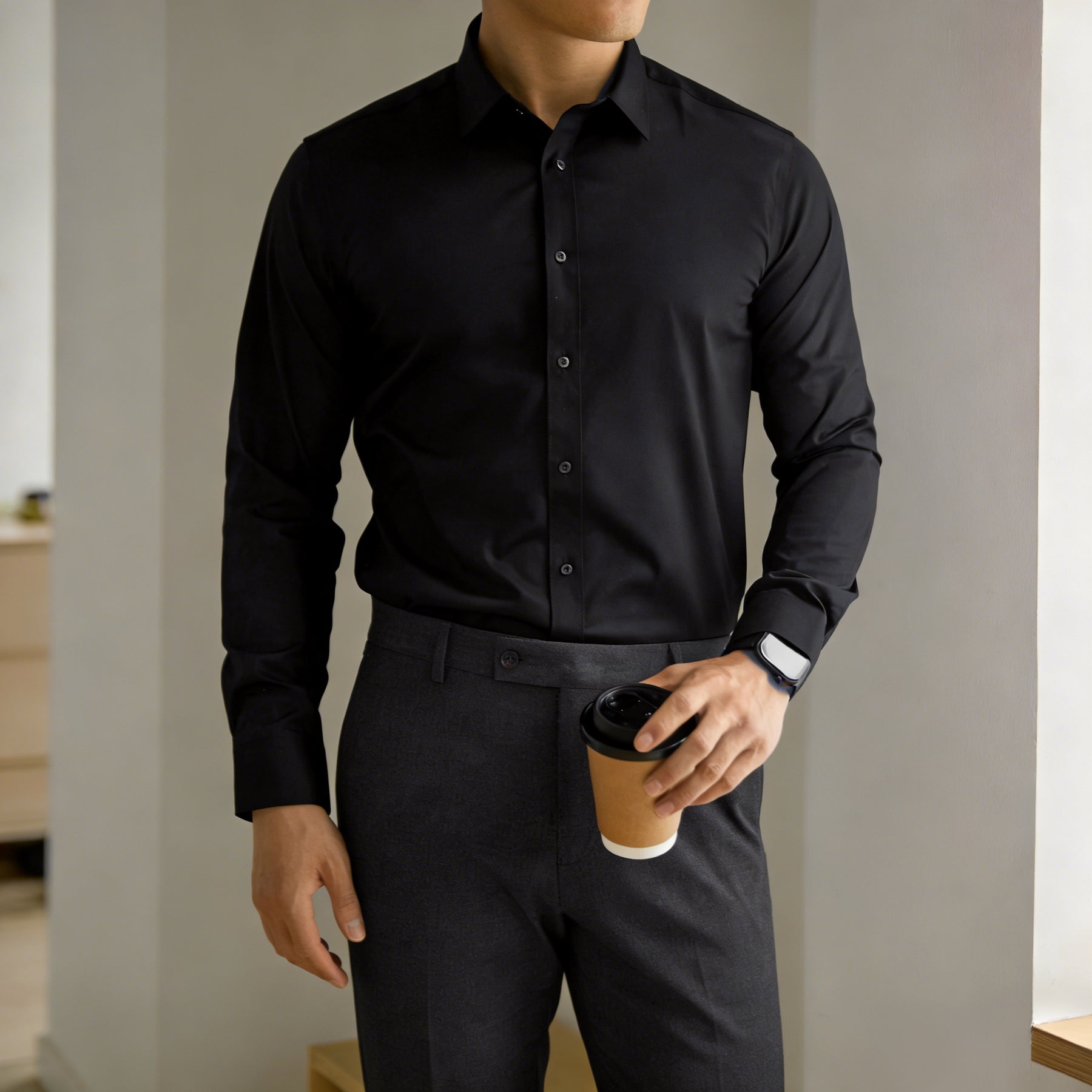 Executive Black: Crisp White Anti-Wrinkle Stretch Dress Shirt - Lucas Attitude
