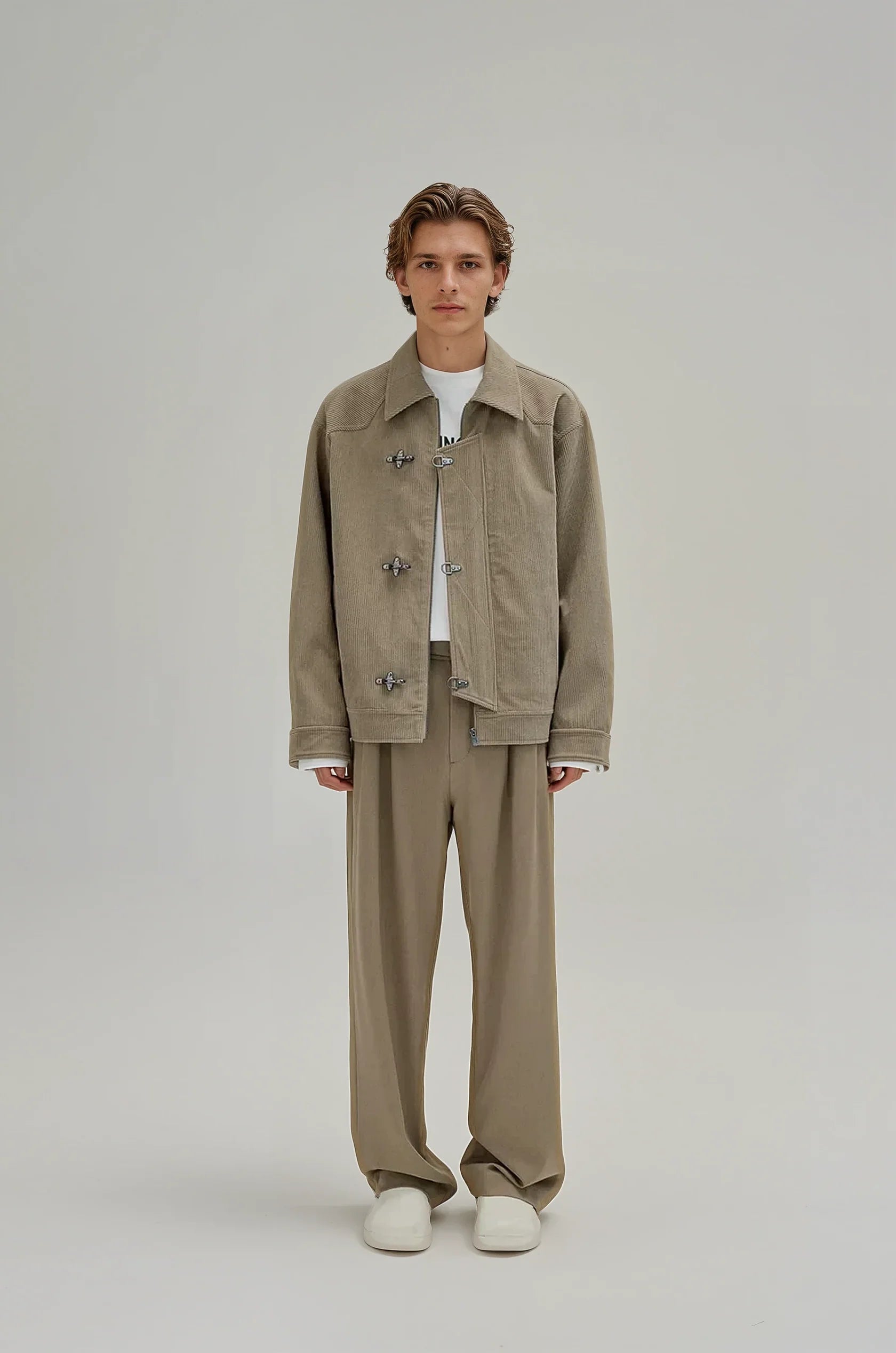 Fireman Clasp-Buckle Corduroy Collared Jacket