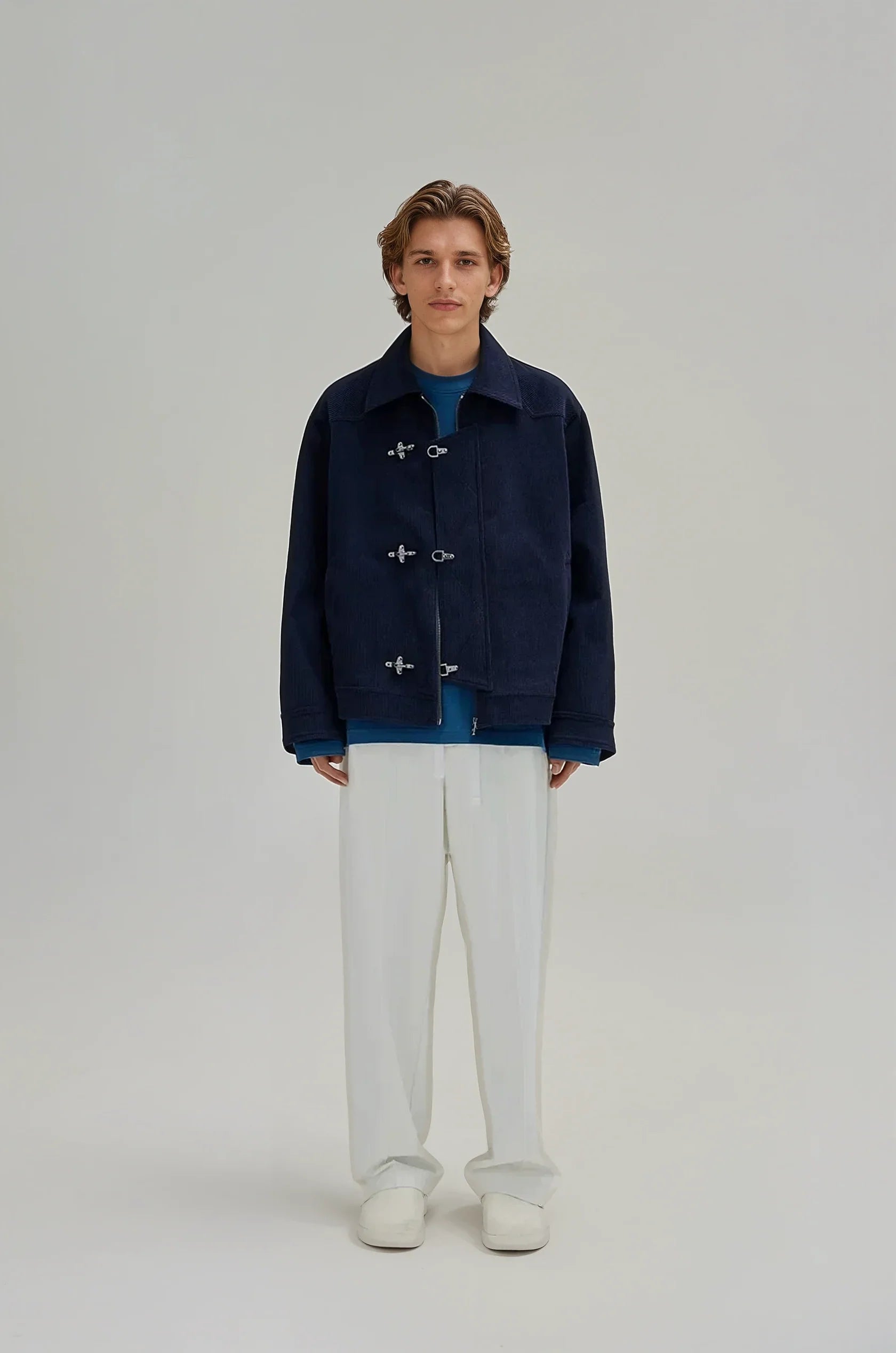 Fireman Clasp-Buckle Corduroy Collared Jacket