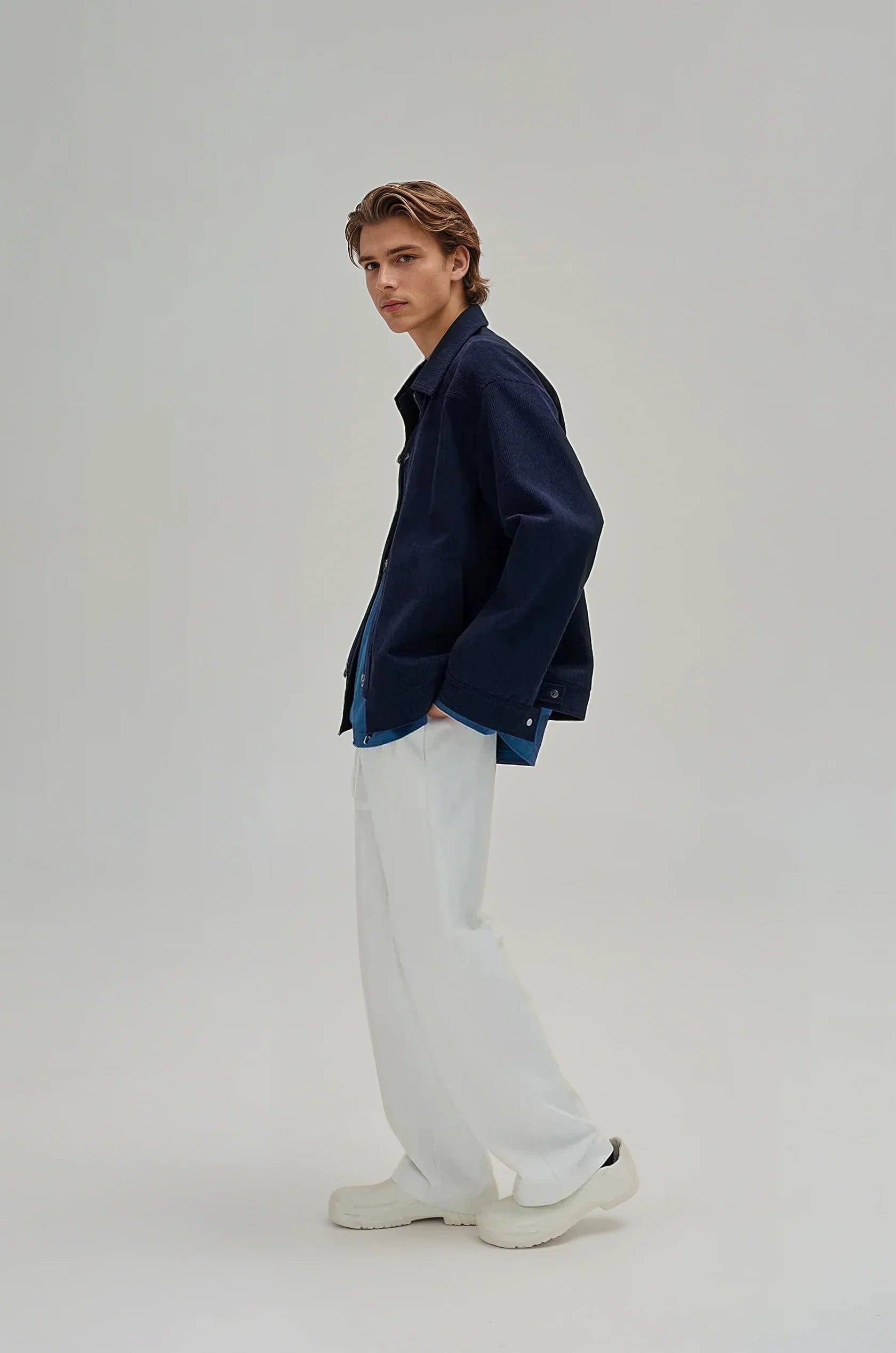 Fireman Clasp-Buckle Corduroy Collared Jacket